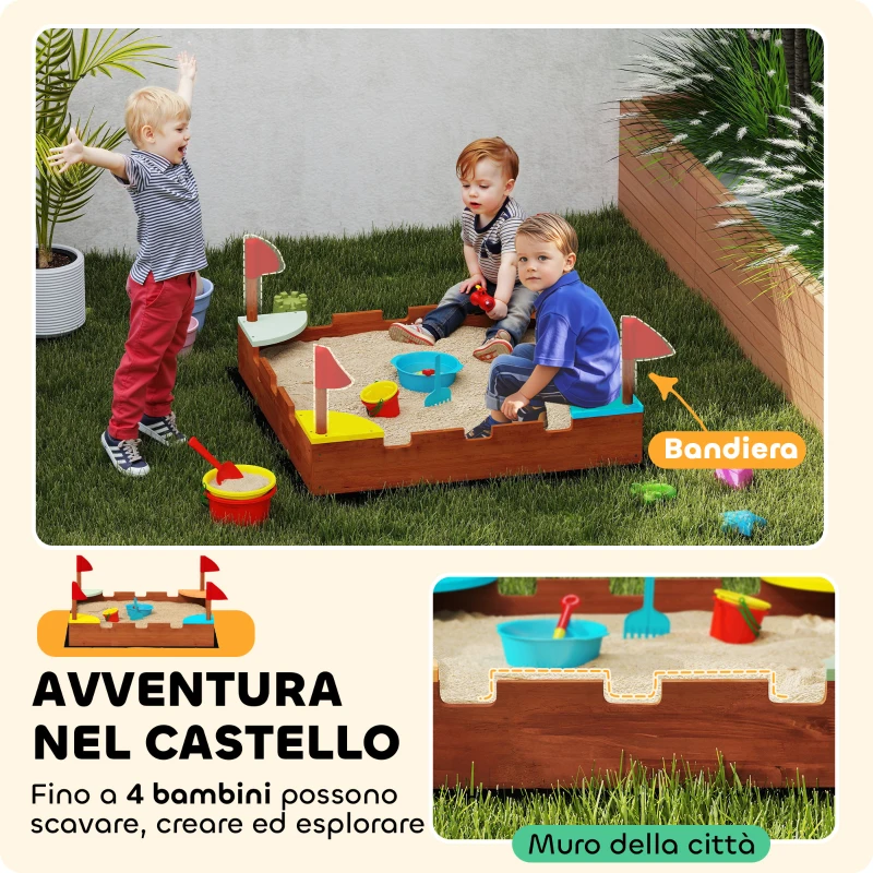 AIYAPLAY Sabbiera per Bambini 3-7 Anni a Forma di Castello con 4 Sedute in Legno di Abete, 90x90x17 cm, Multicolore