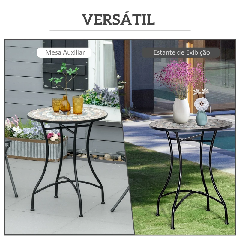Outsunny Mesa de Jardim Mesa Mosaico Cerâmica e Redonda Mesita de Café para Varanda Terraço Φ60x71cm