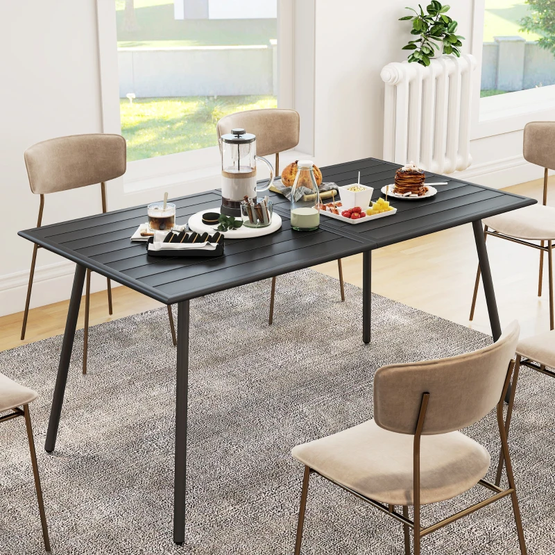 Outsunny Rectangle Garden Table with Slat Top, Steel Frame, Outdoor Table for 6 Person, 150 x 80 x 74 cm, Black