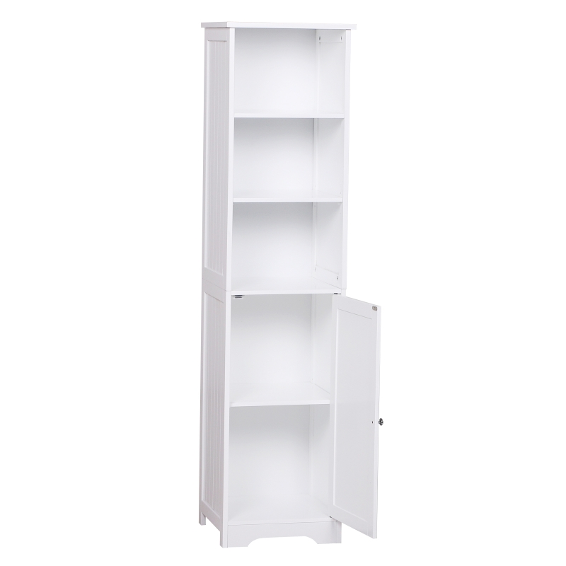 kleankin Armário de banheiro branco 5 níveis Prateleiras Coluna do banheiro com 3 prateleiras 1 porta de MDF  e resistente à água 40x38x160cm