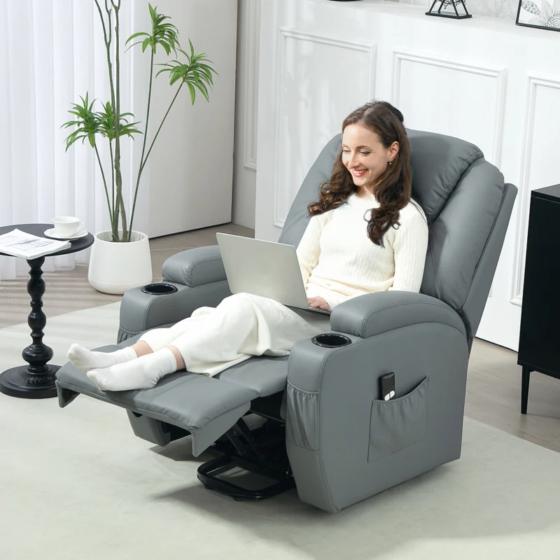 HOMCOM Fauteuil releveur électrique avec repose-pied dossier inclinable télécommande poches latérales et porte-gobelet gris(m-8)