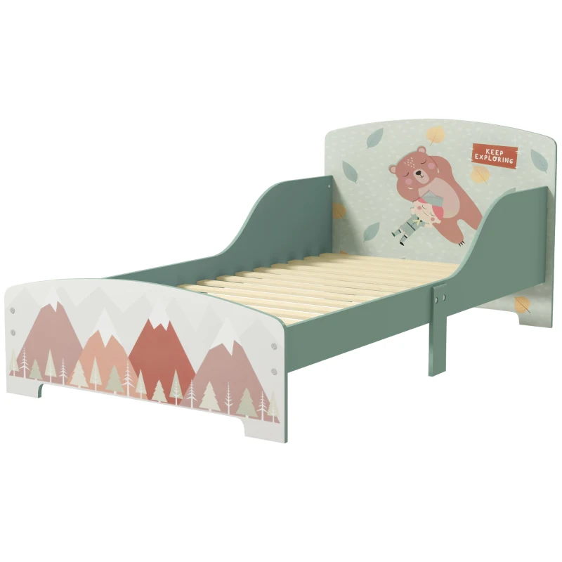ZONEKIZ Pat pentru Copii 3-6 Ani cu Margini Înălțate și Design cu Animale, 77x143x60 cm, Verde