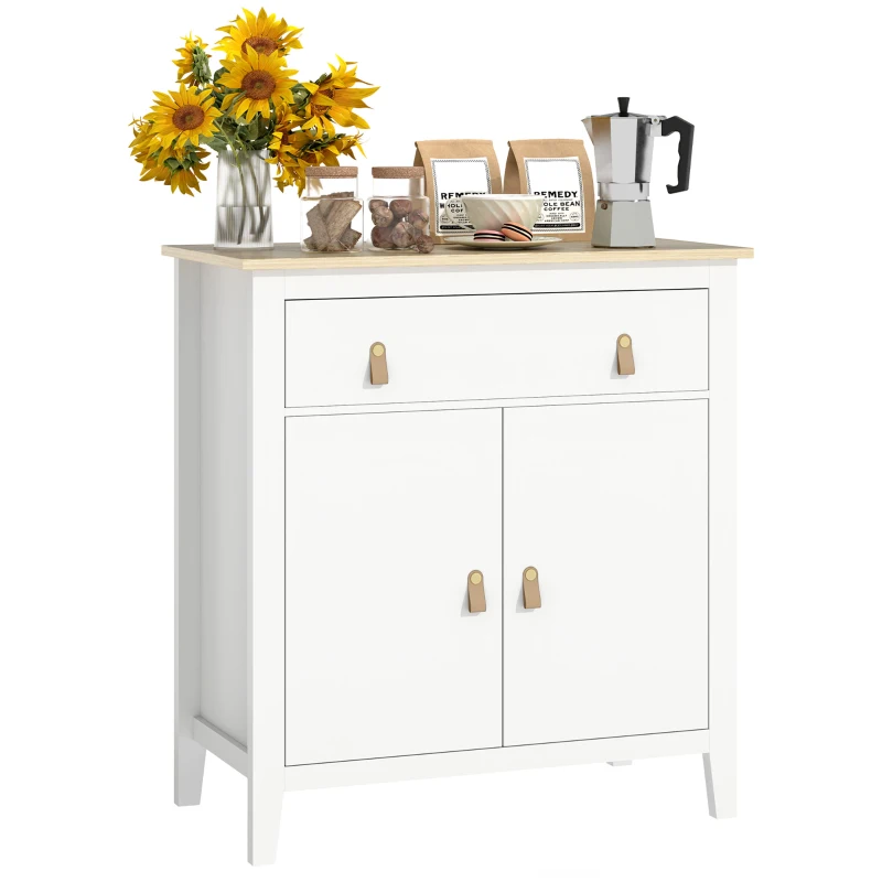 HOMCOM Aparador Sala de Estar Moderno com Gaveta Prateleira Ajustável e Puxadores em PU 80x40x90 cm Branco e Madeira