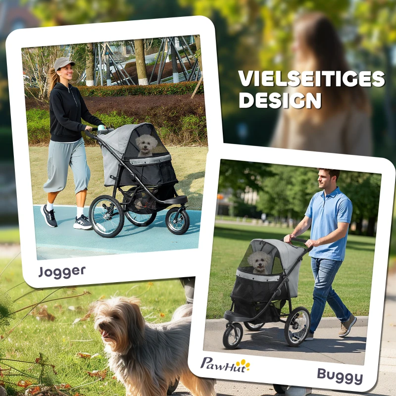 PawHut Hundebuggy, Haustierwagen für kleine Hunde und Katzen, mit Aufbewahrungskorb, Ein-Klick-Faltdesign, Grau(m-4)