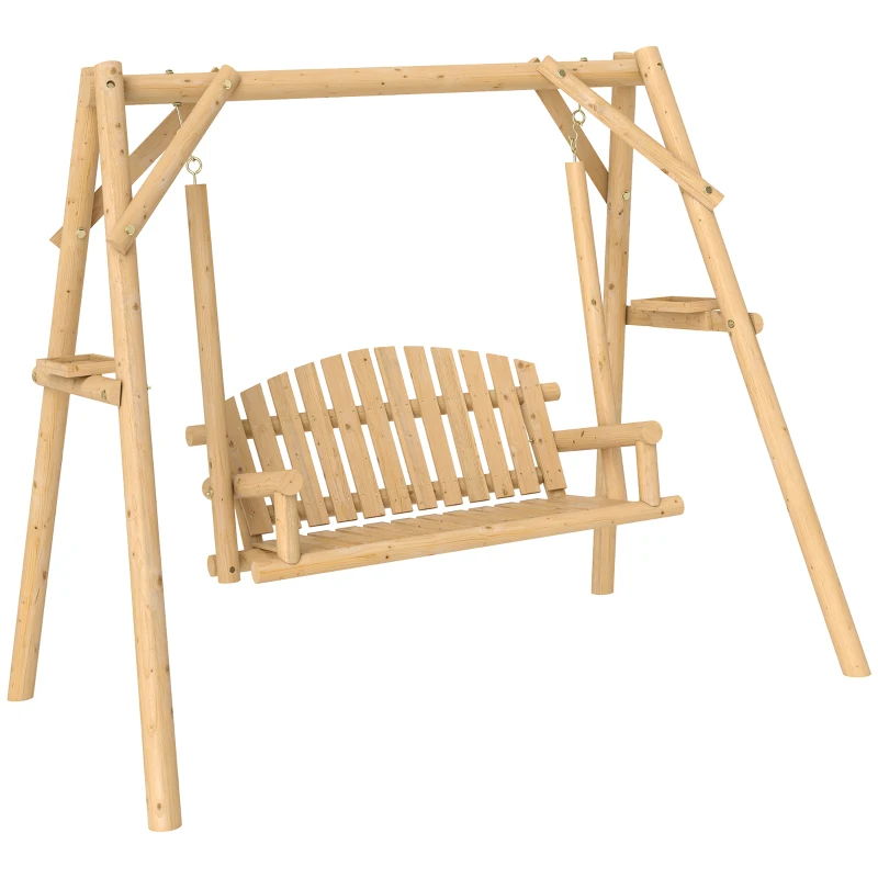 Outsunny Banco Columpio de Jardín de Madera de 2 Plazas con Bandejas Laterales Reposabrazos y Estructura en A Natural