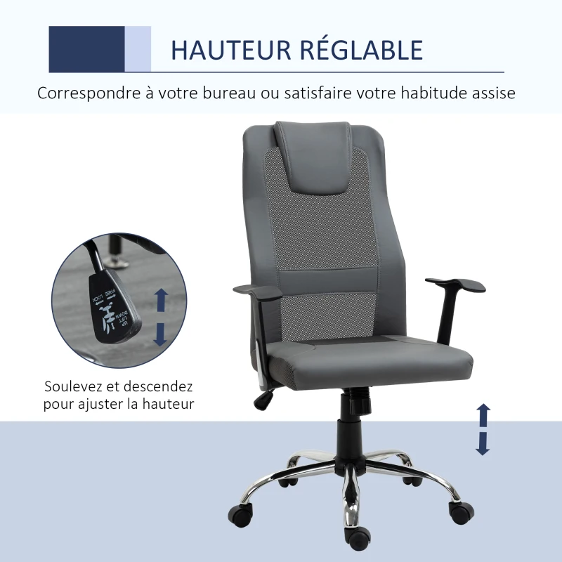 Vinsetto Chaise de Bureau Ergonomique Fauteuil de Bureau pivotant, hauteur réglable, Dossier en maille respirante, revêtement en Nylon synthétique Gris