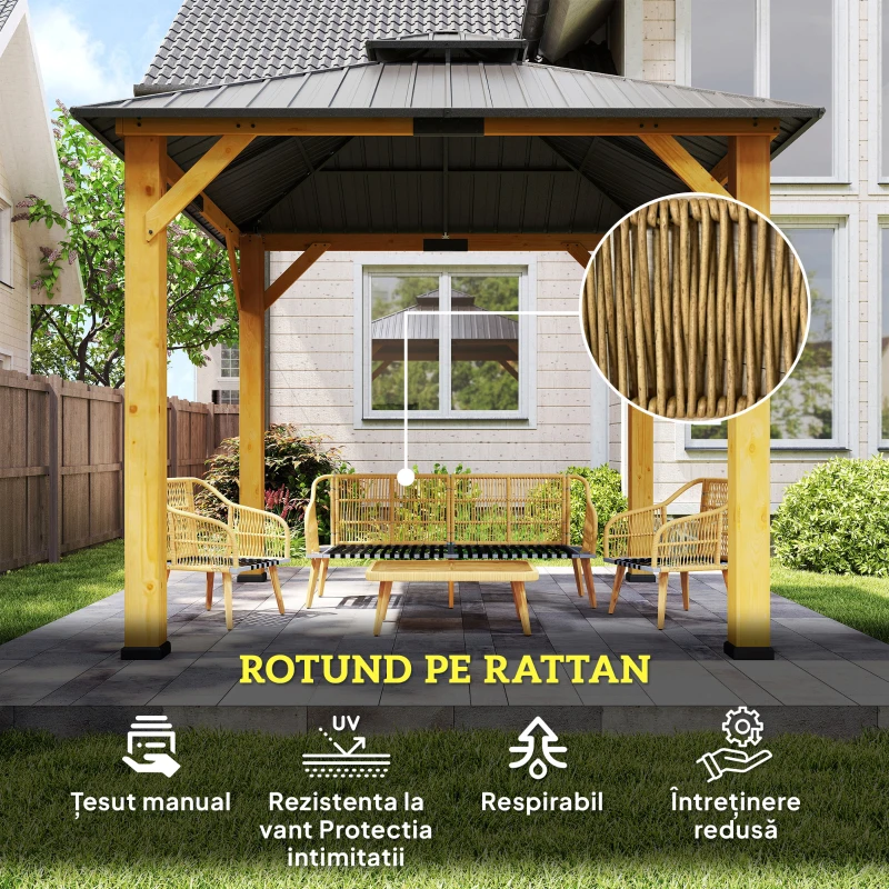 Outsunny Set de Grădină 4 Piese cu Canapea cu 3 Locuri, 2 Fotolii și Măsuță Joasă din Ratan PE și Oțel Multicolor