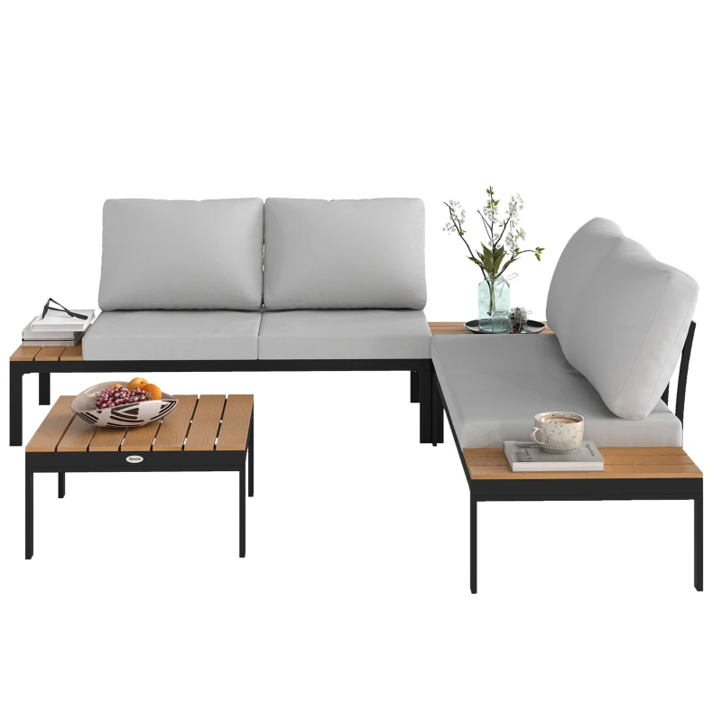 Outsunny Four-Piece Garden Corner Sofa Set with 2 Loveseats and 2 Coffee Tables - Teak