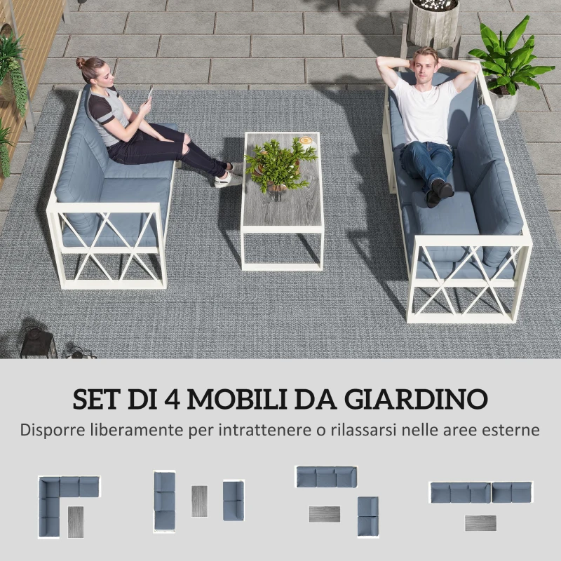 Outsunny Salotto da Giardino Angolare con Poltrona Reclinabile, 2 Divanetti con Cuscini e Tavolino, Grigio