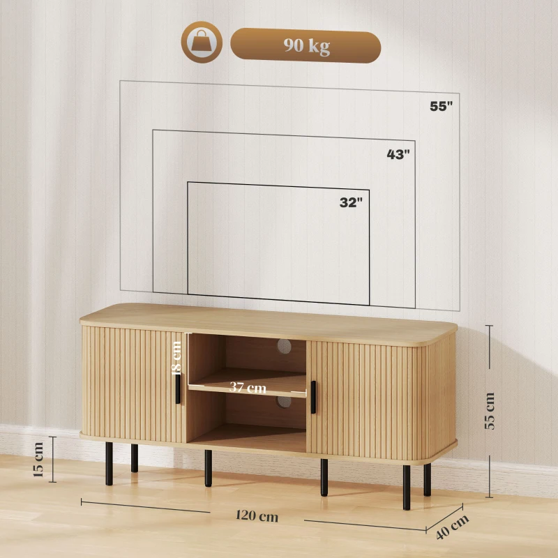 HOMCOM Meuble TV avec 2 portes tambour à lamelles design scandinave pour télévision jusqu'à 55 pouces 120 cm ton chêne