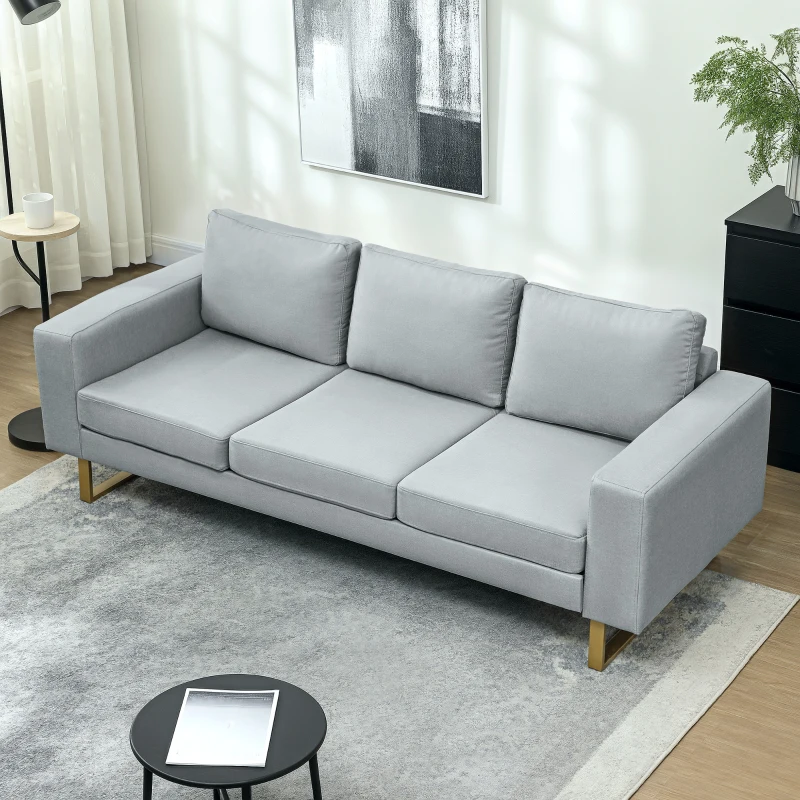 HOMCOM 3-Sitzer-Sofa, Couch mit Vollholzrahmen, Metallbeine, schlichtes Design, Hellgrau(m-8)