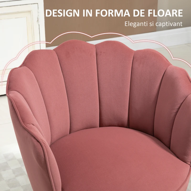 HOMCOM Fotoliu Scoica 66×66×78.5 cm – Catifea Roz cu Picioare Lemn(m-5)