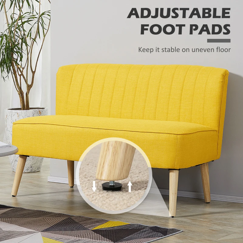 HOMCOM Sofa Retrodesign 2-zitsbank, houten poten, 117 cm x 56,5 cm x 77 cm, Geel(m-6)