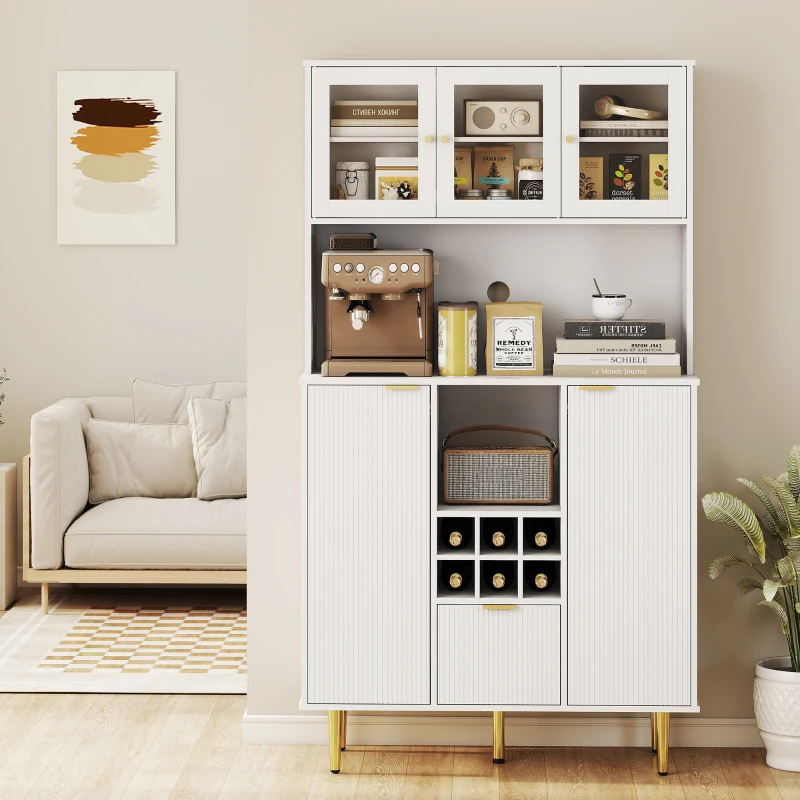 HOMCOM Alacena de Cocina Moderna con Armarios Cajón Botellero y Puertas de Vidrio y Estantes Ajustables 100x40x180 cm Blanco