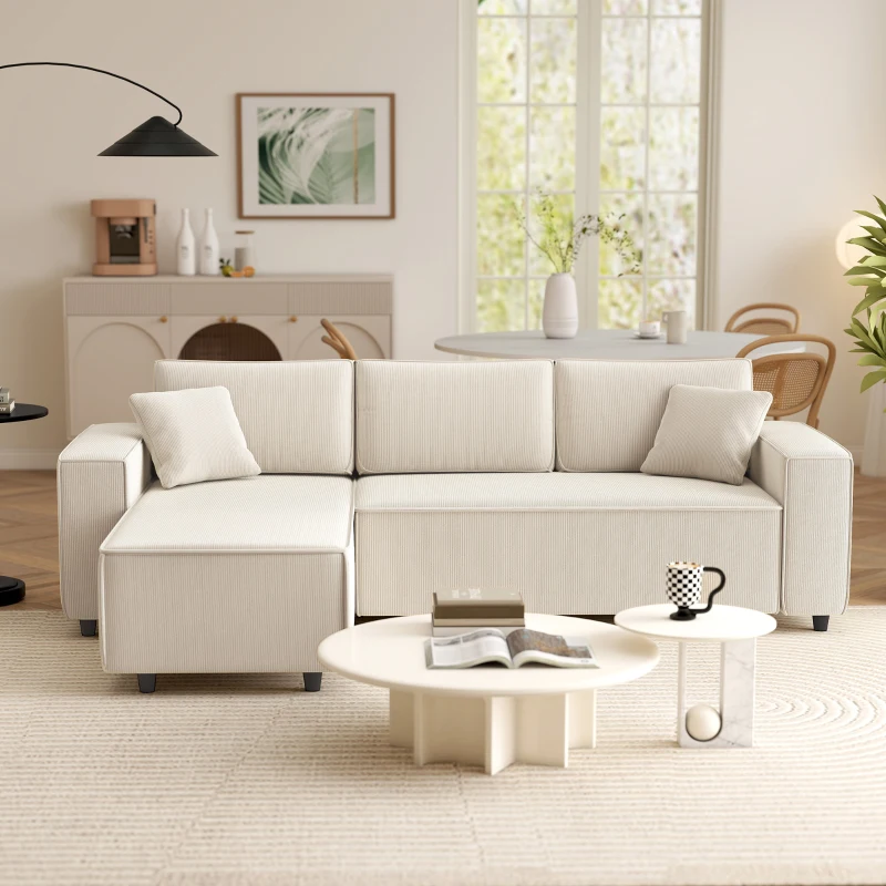 HOMCOM 3-Zitsbank met Chaise Longue, Woonkamerbank met Corduroy Bekleding, 2 Extra Kussens, Gestoffeerde Bank, Crèmewit(m-8)
