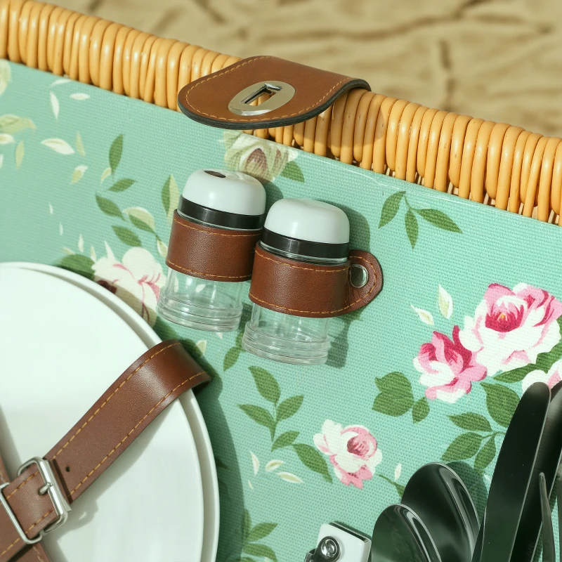 Outsunny Cestino da Picnic in Vimini per 2 Persone con Piatti, Calici, Cavatappi e Posate, 40x30x20 cm, Marrone