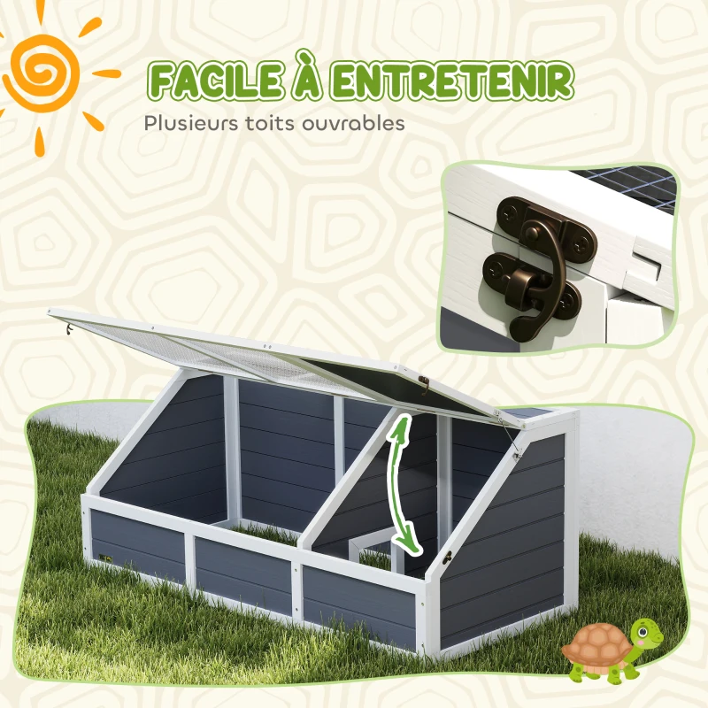 PawHut Maison enclos cage pour petit animal tortue en bois avec couvercle ouvrable, loquets, 2 espaces distincts, gris