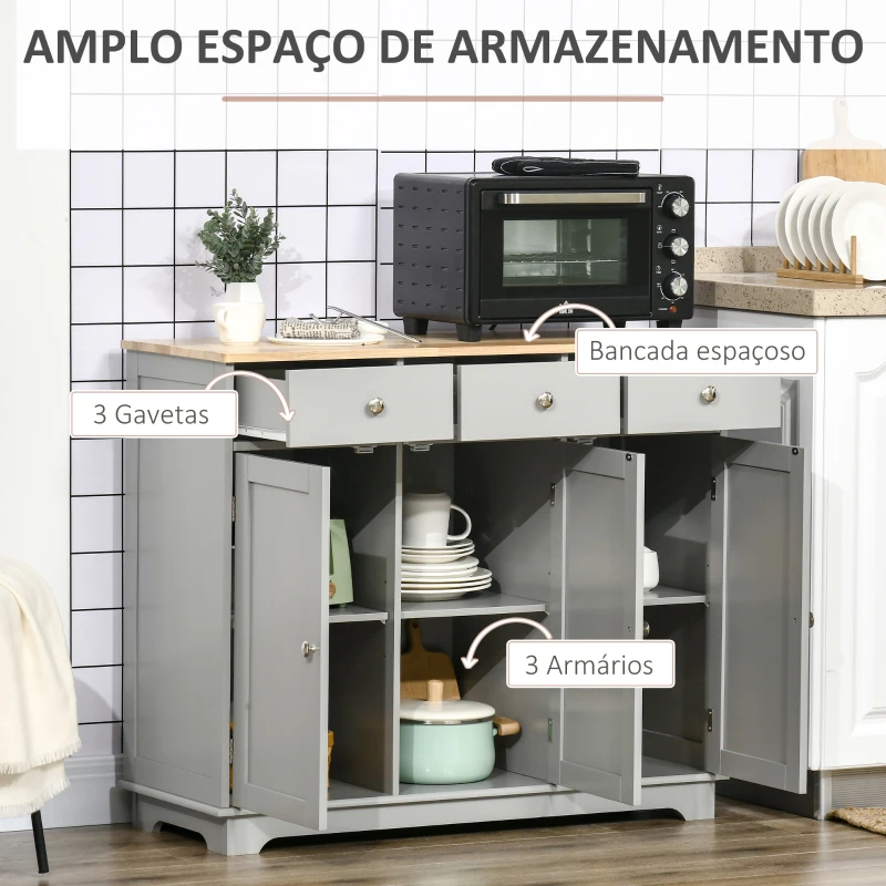 HOMCOM Aparador de Cozinha com 3 Gavetas 3 Portas e Prateleiras Ajustáveis Móvel Auxiliar de Armazenamento 101x40x85 cm Cinzento