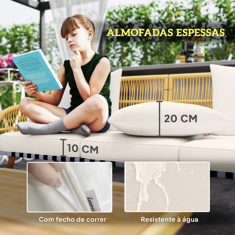 Outsunny Conjunto de Jardim em Vime com Almofadas Móveis de Exterior com 2 Poltronas Sofá de 3 Lugares Mesa Creme e Madeira