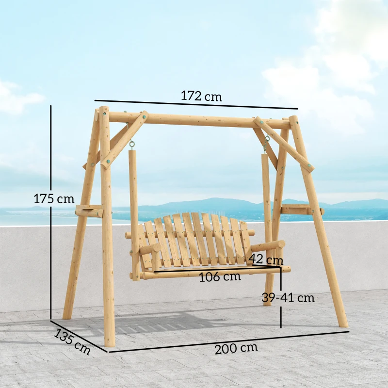 Outsunny Banco Baloiço Jardim de Madeira para 2 Pessoas Baloiço de Exterior com Bandejas Laterais 200x135x175 cm Madeira