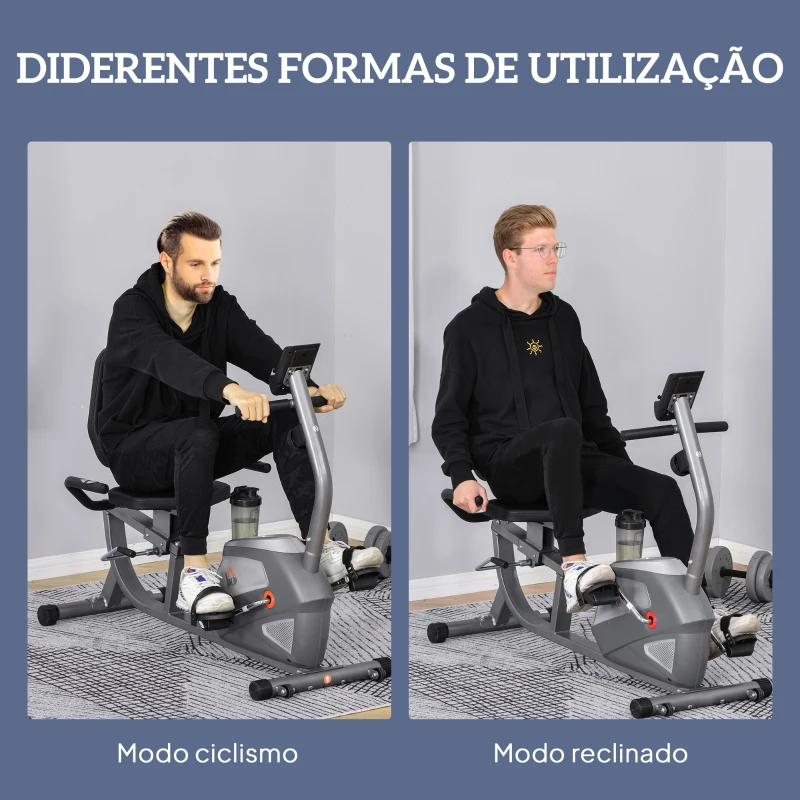 HOMCOM Bicicleta ergométrica reclinável com tela LCD e volante de 3 kg resistência magnética de 8 níveis assento ajustável 121,5-136x62,5x98 cm Cinza