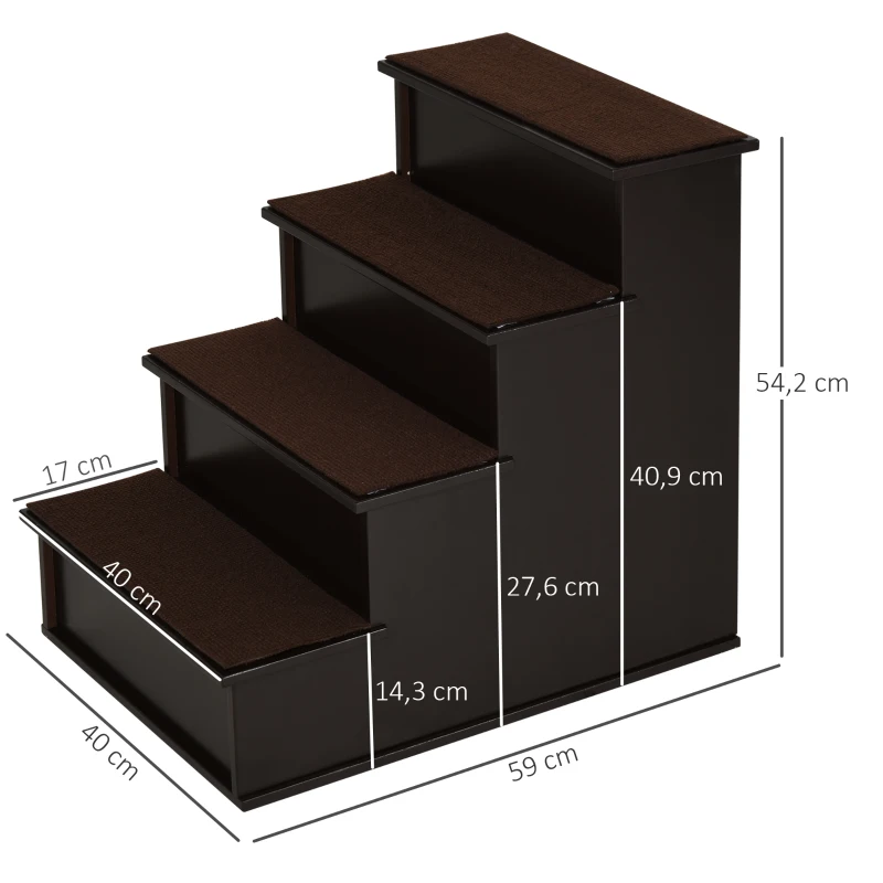 PawHut Escalera para Mascotas Escalones para Perros Gatos con Acolchados Desmontables Carga 30 kg 40x59x54,2 cm Marrón Oscuro