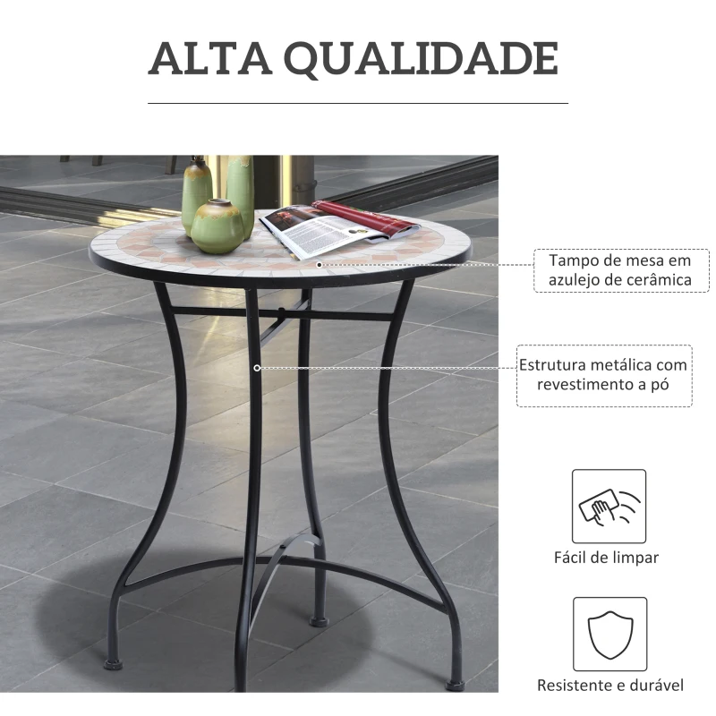 Outsunny Mesa de Jardim Mesa Mosaico Cerâmica e Redonda Mesita de Café para Varanda Terraço Φ60x71cm
