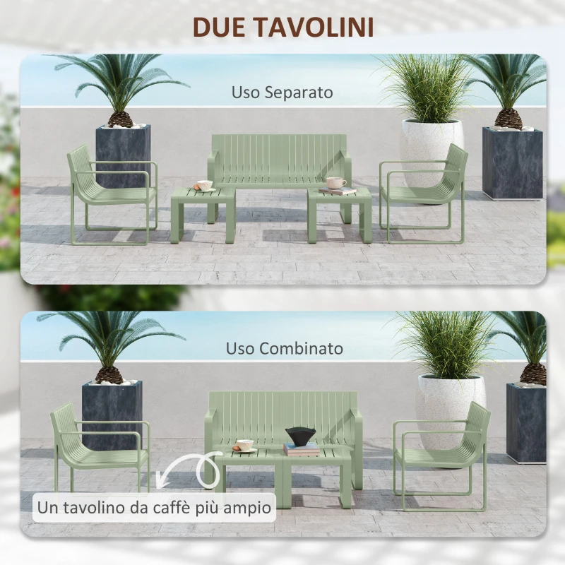Outsunny Set da Giardino 5 Pezzi a Doghe con Divanetto, 2 Poltroncine e 2 Tavolini in Polipropilene Verde