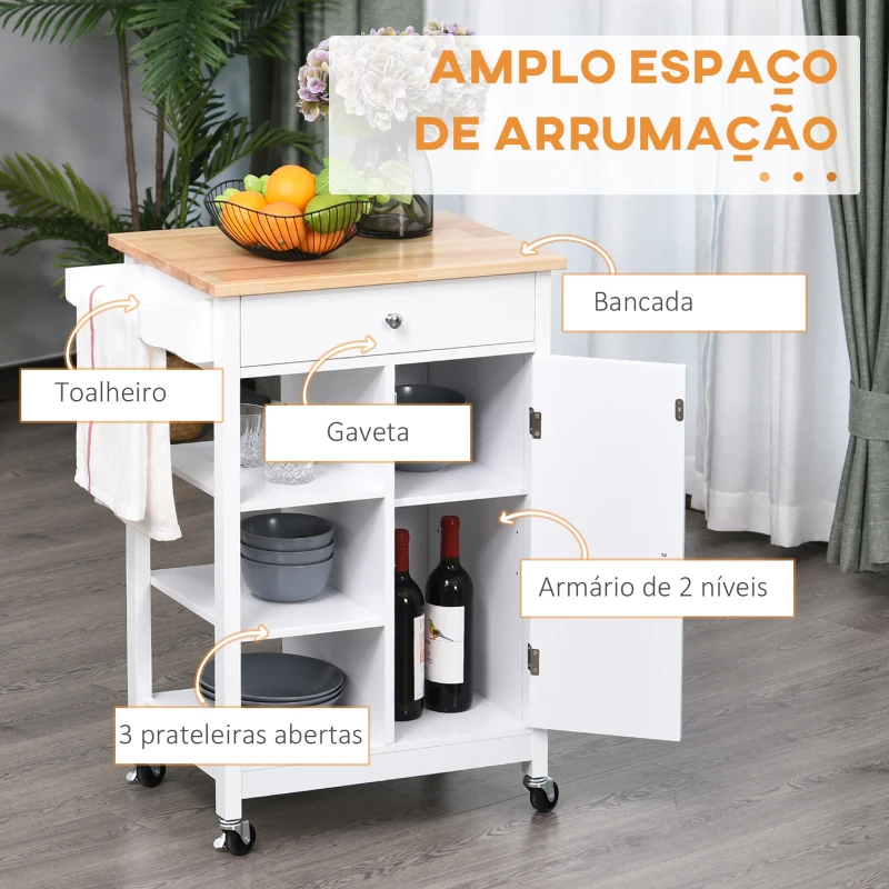 HOMCOM Carrinho de cozinha com 1 gaveta 1 armário 3 prateleiras abertas 66x39.5x86.5 cm Branco