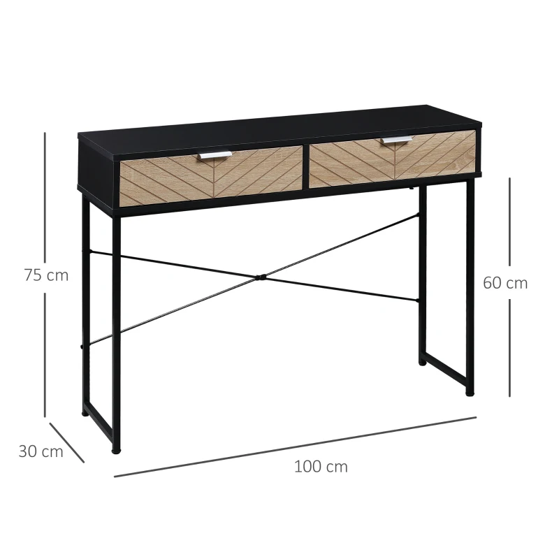 HOMCOM Mesa Consola 100x30x75 cm Mesa de Entrada Moderna com 2 Gavetas de Armazenamento Preto e Madeira