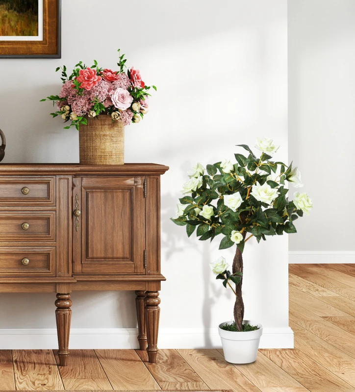 Outsunny Planta Artificial de 90 cm Rosa Blanca Realista con 21 Flores y 350 Hojas Maceta de Cemento Verde