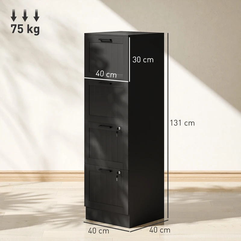 HOMCOM Comodă pentru Documente cu 4 Sertare, Șină Reglabilă, 2 Chei și 2 Încuietori, 40x40x131 cm, Negru