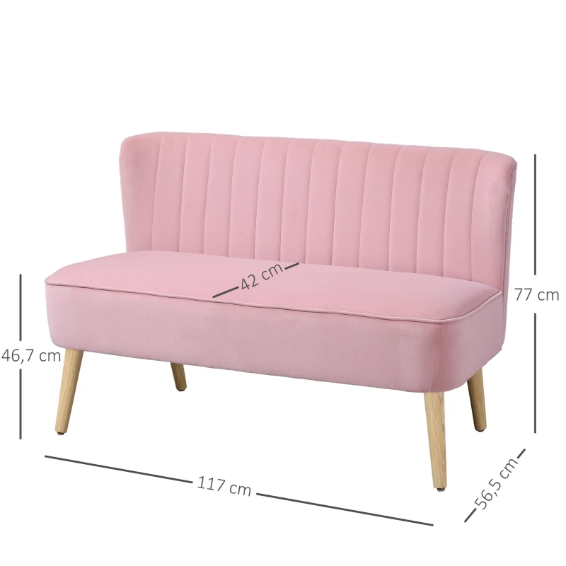 HOMCOM Sofa Retrodesign 2-zitsbank, houten poten, 117 cm x 56,5 cm x 77 cm, Roze(m-4)