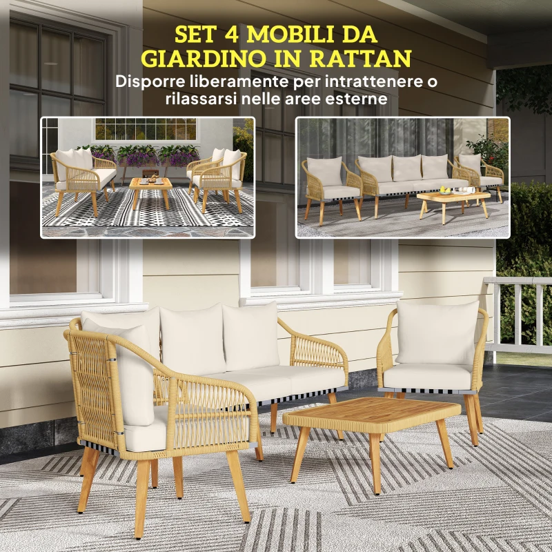 Outsunny Set da Giardino 4 Pezzi con Divano 3 Posti, 2 Poltrone e Tavolino Basso in Rattan PE e Acciaio Multicolore