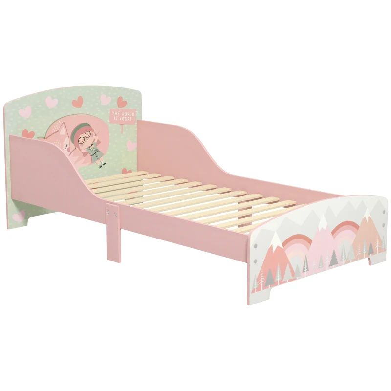 ZONEKIZ Pat pentru Copii 3-6 Ani cu Margini Înălțate și Model cu Animale, 77x143x60 cm, Roz