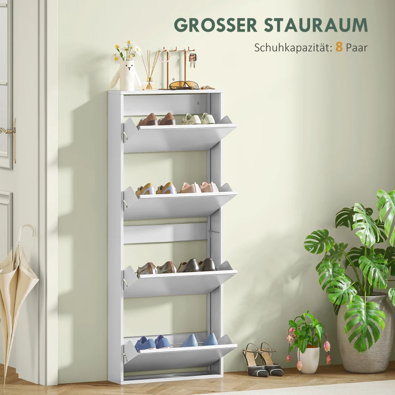 HOMCOM Schmaler Schuhschrank aus Metall für bis zu 8 Paar Schuhe, 4 Kippschubladen, für Flur, Eingangsbereich, Weiß(m-4)
