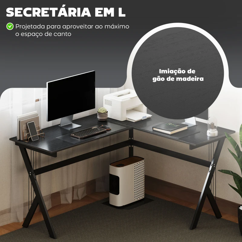 HOMCOM Secretária para PC Computador Secretária de canto angular para escritório 155x130x76cm Madeira preta