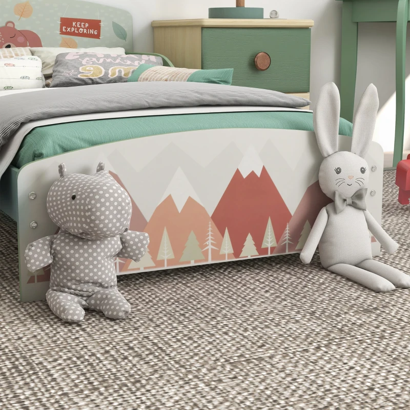 ZONEKIZ Pat pentru Copii 3-6 Ani cu Margini Înălțate și Design cu Animale, 77x143x60 cm, Verde