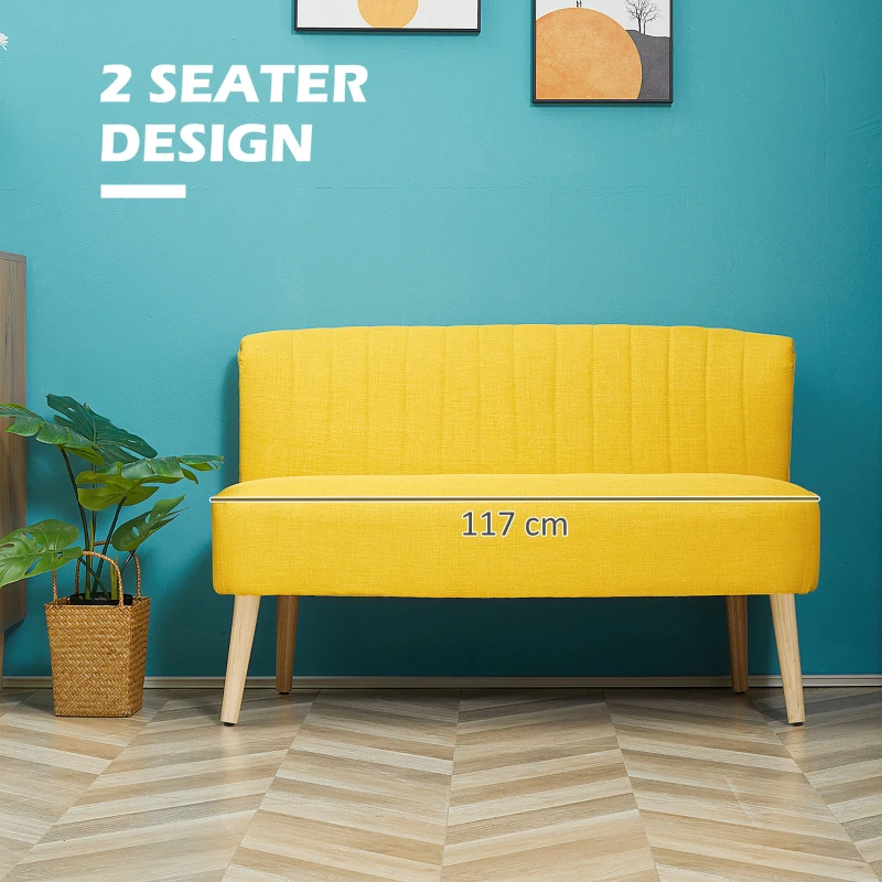 HOMCOM Sofa Retrodesign 2-zitsbank, houten poten, 117 cm x 56,5 cm x 77 cm, Geel(m-5)