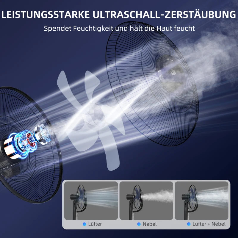 HOMCOM Ventilator mit Sprühnebelfunktion, 3 Liter-Tank, 75 Grad drehbar, 3 Geschwindigkeiten, rollbar, 125 cm, Schwarz