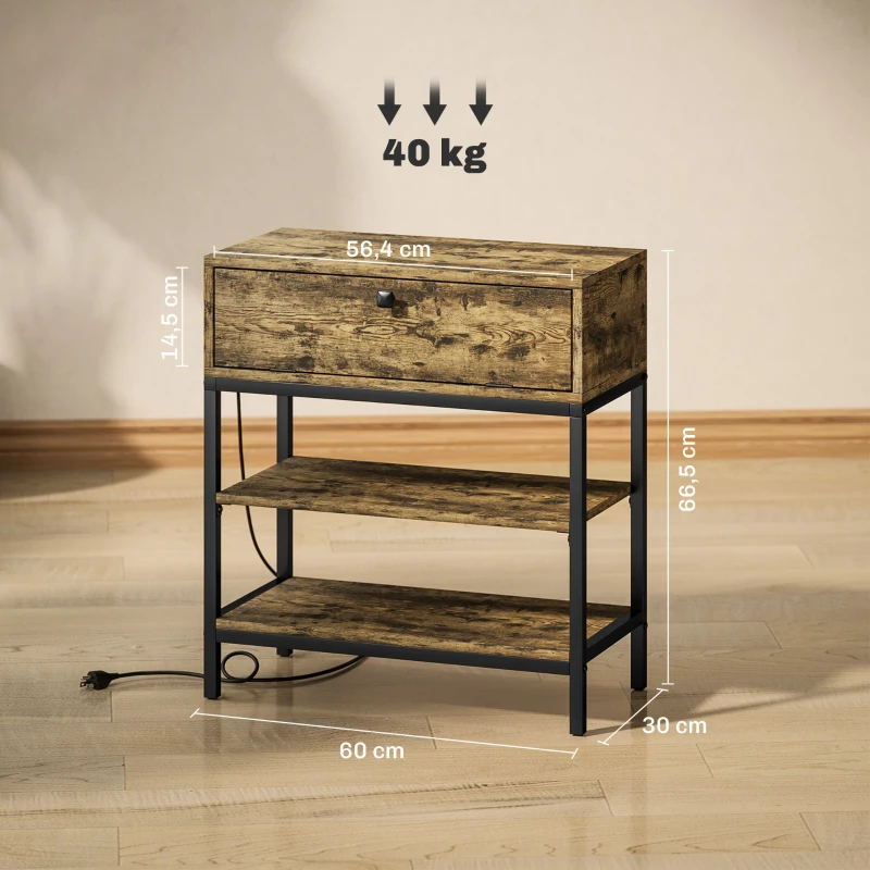 HOMCOM Mesinha Auxiliar Industrial com Estação de Carga Gaveta e Prateleiras Abertas 60x30x66,5 cm Castanho Rústico