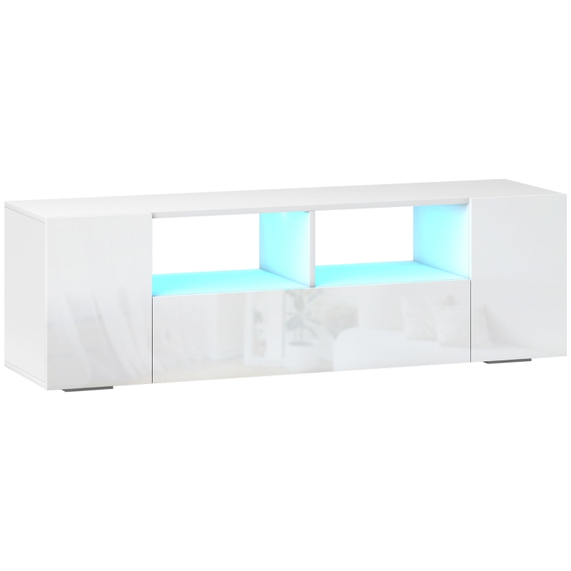 HOMCOM Meuble TV, banc TV, meuble de télévision, jusqu'à 60 pouces, avec lumières LED, 2 étagères et placards, panneau de porte brillant, 137 x 35 x 42 cm, blanc