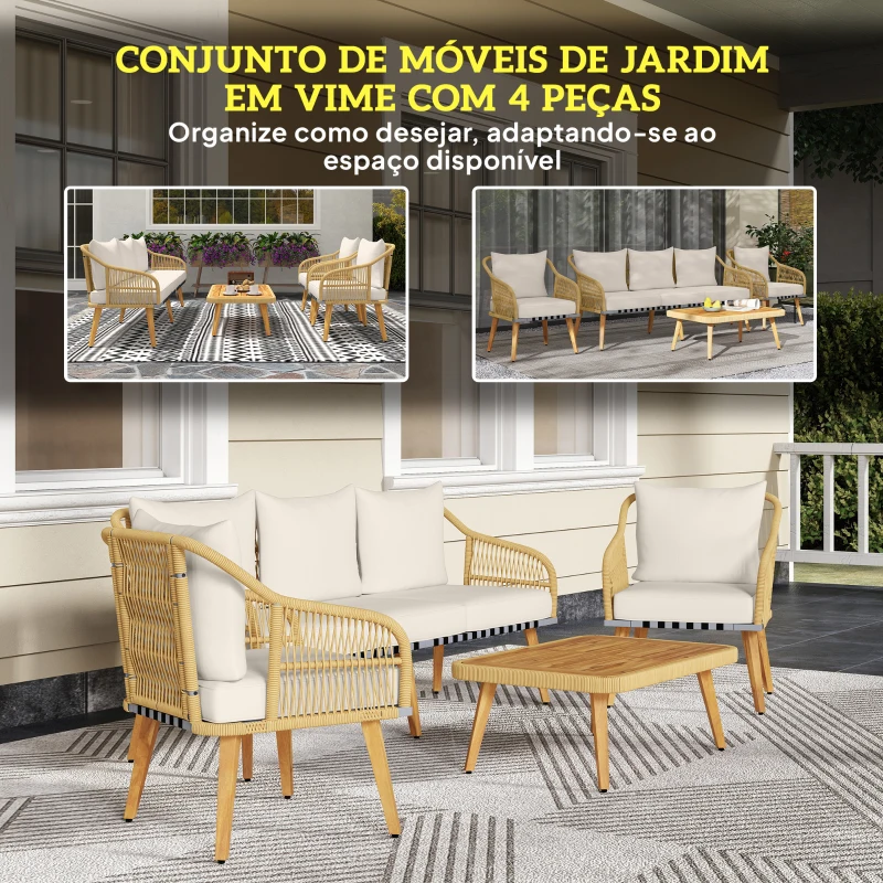 Outsunny Conjunto de Jardim em Vime com Almofadas Móveis de Exterior com 2 Poltronas Sofá de 3 Lugares Mesa Creme e Madeira