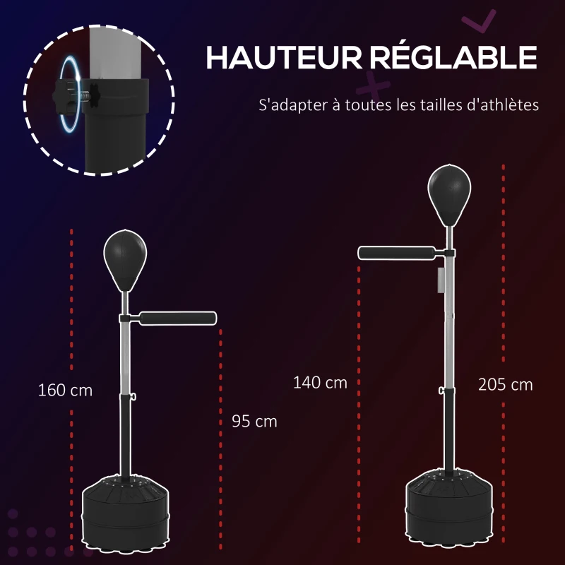 SPORTNOW Sac de frappe sur pied punching ball sur pied réglable en hauteur 160-205 cm pompe inclus, lestage de sable ou eau, noir