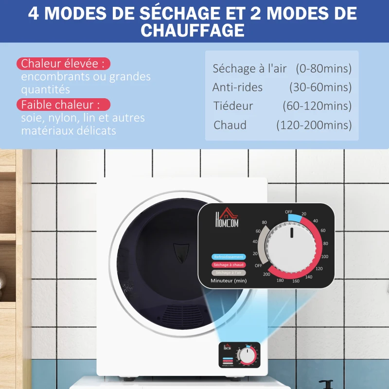 HOMCOM Sèche-Linge électrique portable 850W, capacité 33L 4 modes de fonctionnement, acier inoxydable, 49L x 40,5l x 60H cm