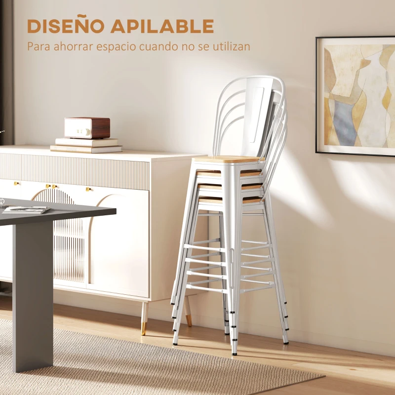HOMCOM Juego de 4 Taburetes Altos de Cocina Apilables con Respaldo Taburetes de Bar con Reposapiés 44x48x117 cm Blanco