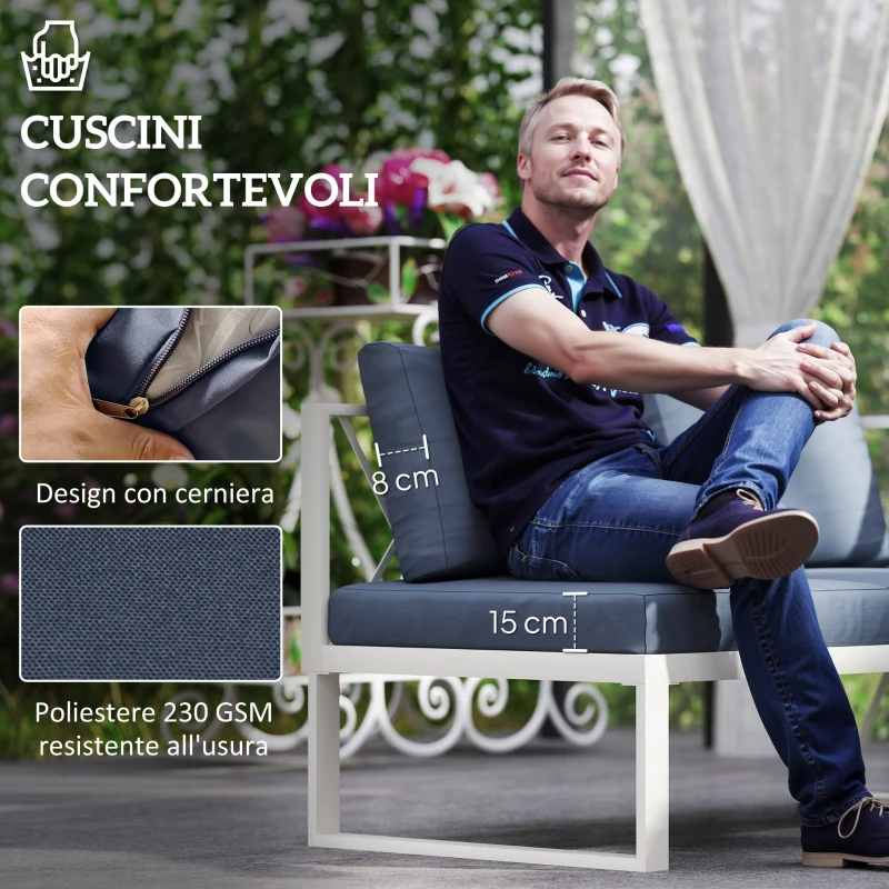 Outsunny Salotto da Giardino Angolare con Poltrona Reclinabile, 2 Divanetti con Cuscini e Tavolino, Grigio