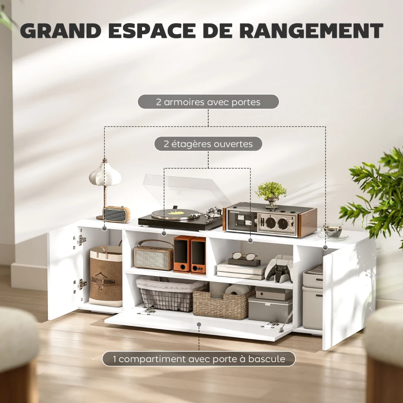 HOMCOM Meuble TV, banc TV, meuble de télévision, jusqu'à 60 pouces, avec lumières LED, 2 étagères et placards, panneau de porte brillant, 137 x 35 x 42 cm, blanc