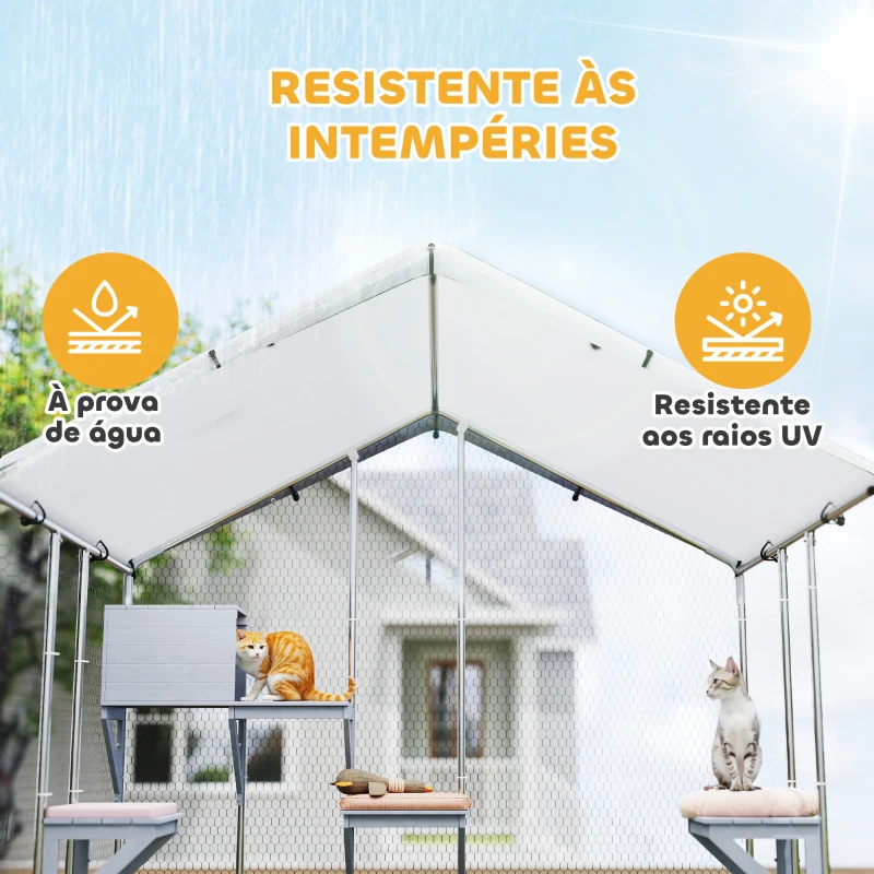 PawHut Gaiola para Gatos de Exterior Recinto para Gatos com Cobertura Impermeável 420D Plataformas para 5 Gatos 200x170x195 cm Prata