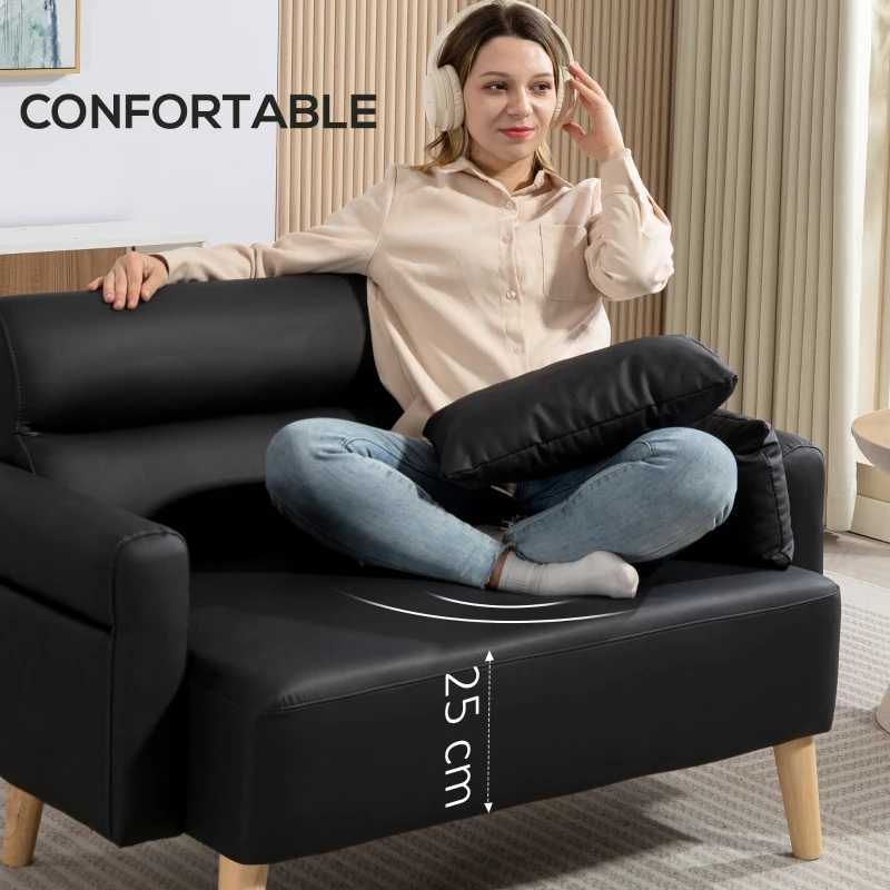 HOMCOM Sofá de 2 Plazas con Tapizado de Cuero Sintético Acolchado Grueso y Patas de Madera para Salón 117x78x78 cm Negro